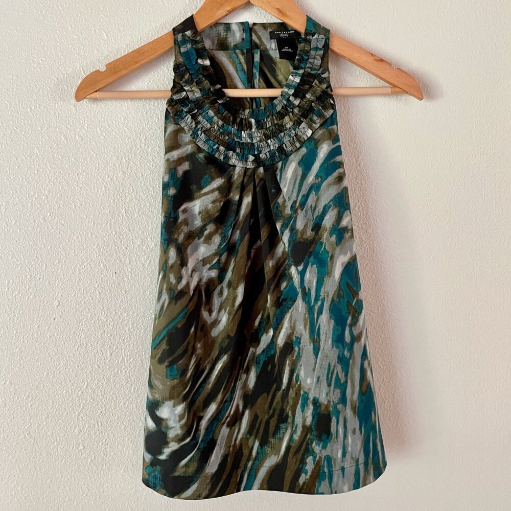 Ann Taylor, Size Medium Petite, water color, ruffle collar, sleeveless